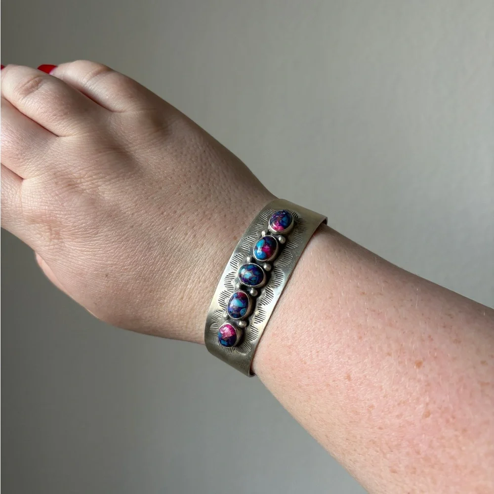 Sterling silver cuff with pink dahlia turquoise stone
